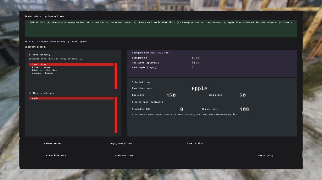 Trader Mod admin UI — prices and items